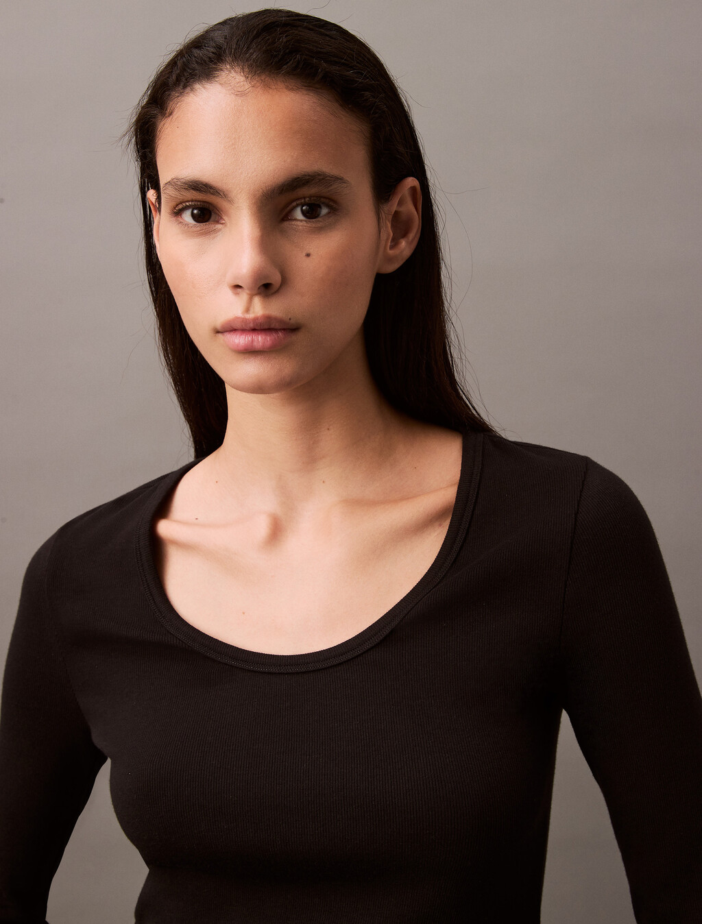 Rib Knit U Neck Long Sleeve Tee, Black, hi-res