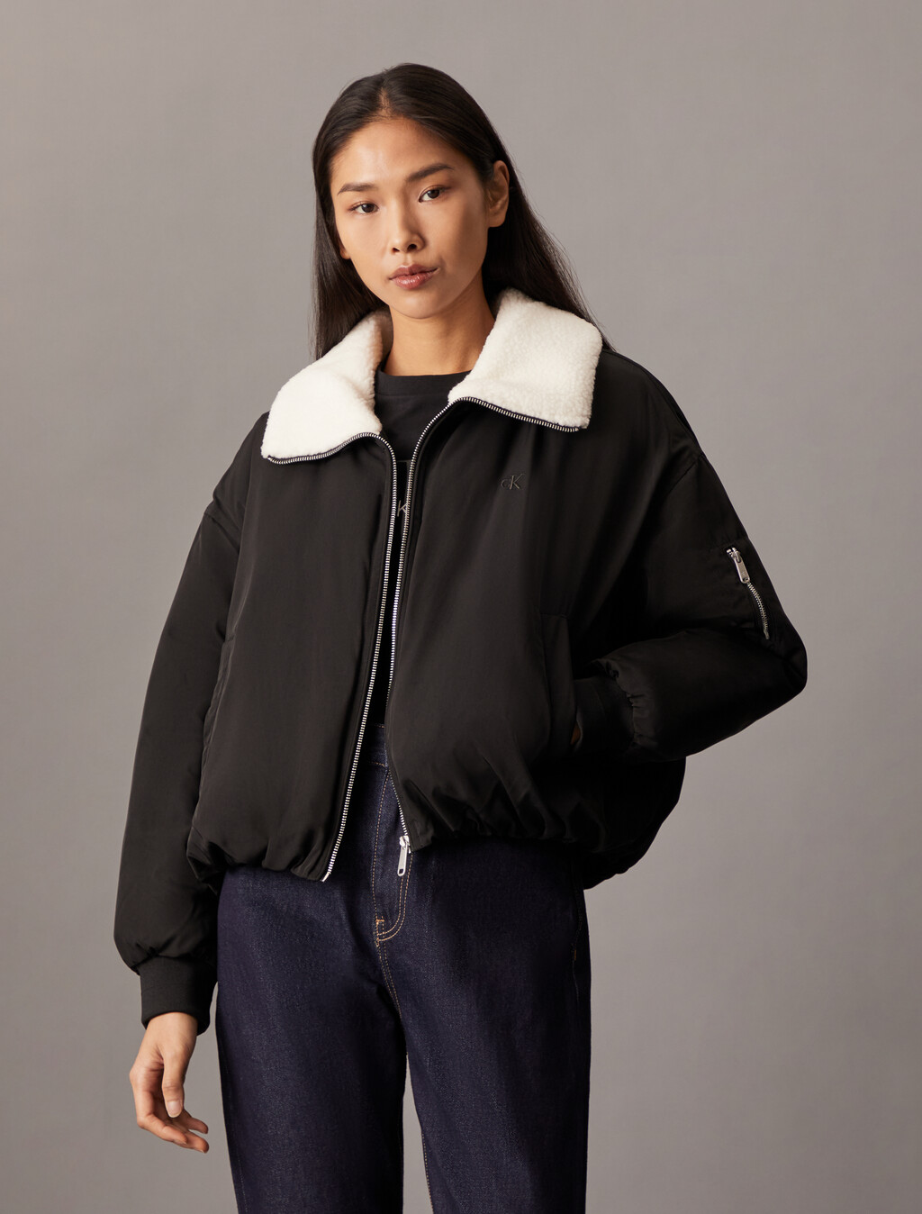 Fleece Collar Bomber Jacket, Ck Black, hi-res