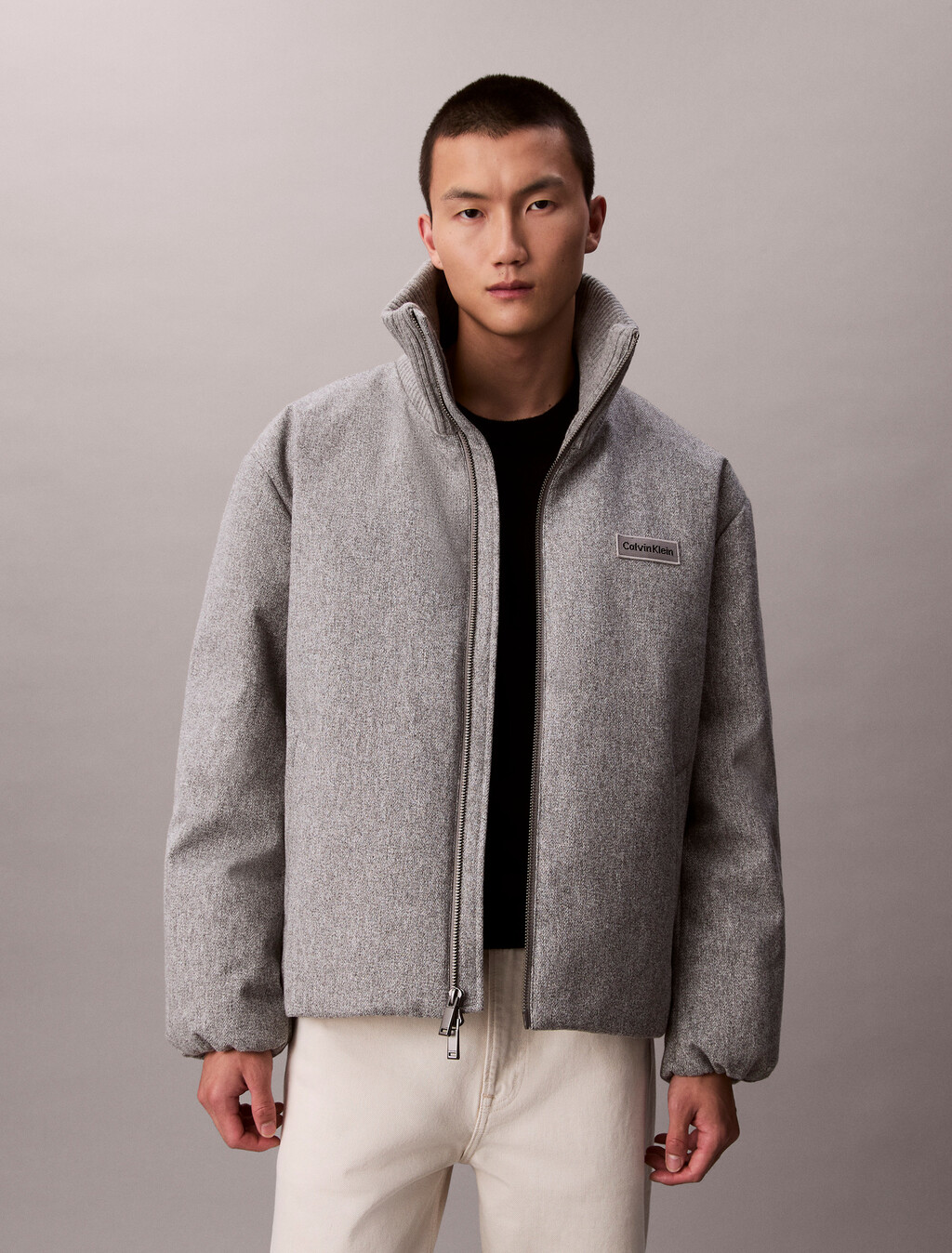 Melange Ribbed Neck Puffer Jacket, Heather Grey, hi-res
