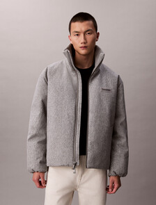 Melange Ribbed Neck Puffer Jacket, Heather Grey, hi-res