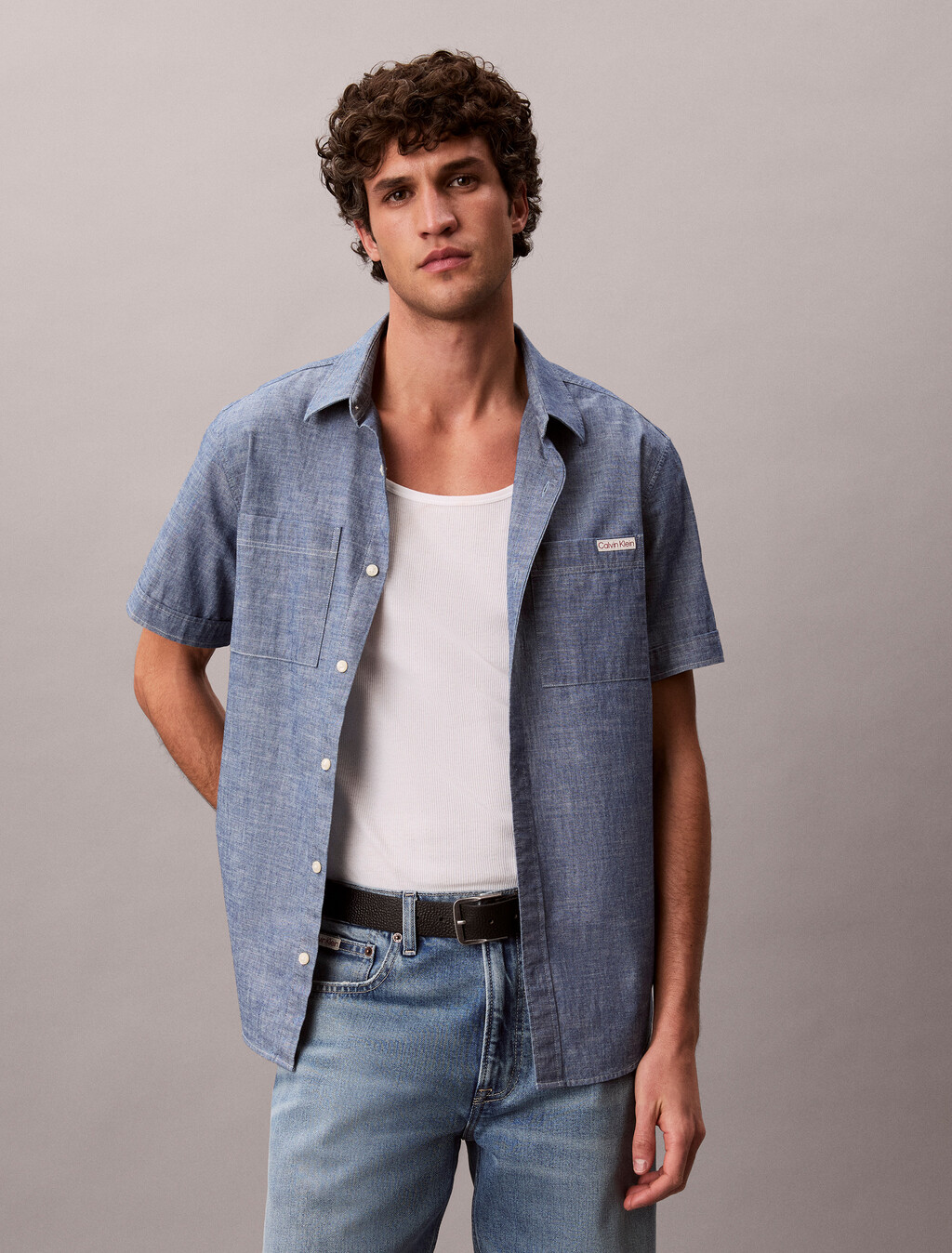 Cotton Chambray Short Sleeve Shirt, Blue Descent, hi-res