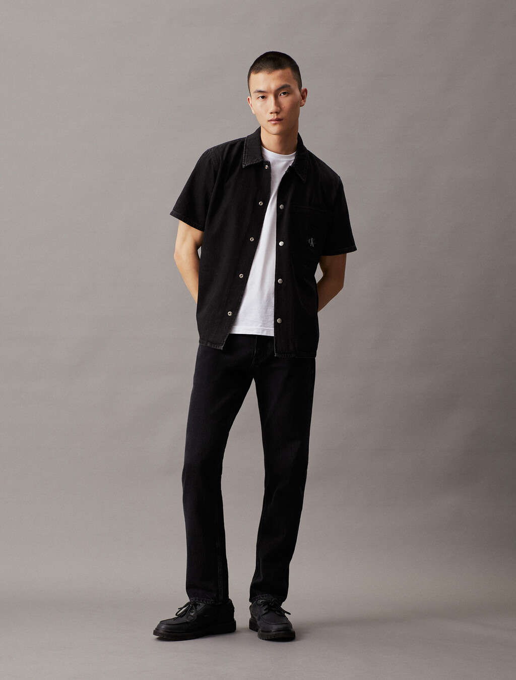 Denim Short Sleeve Shirt, Denim Black, hi-res