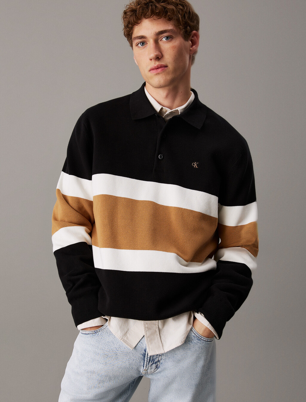 Color Block Stripe Milano Polo, Black, hi-res