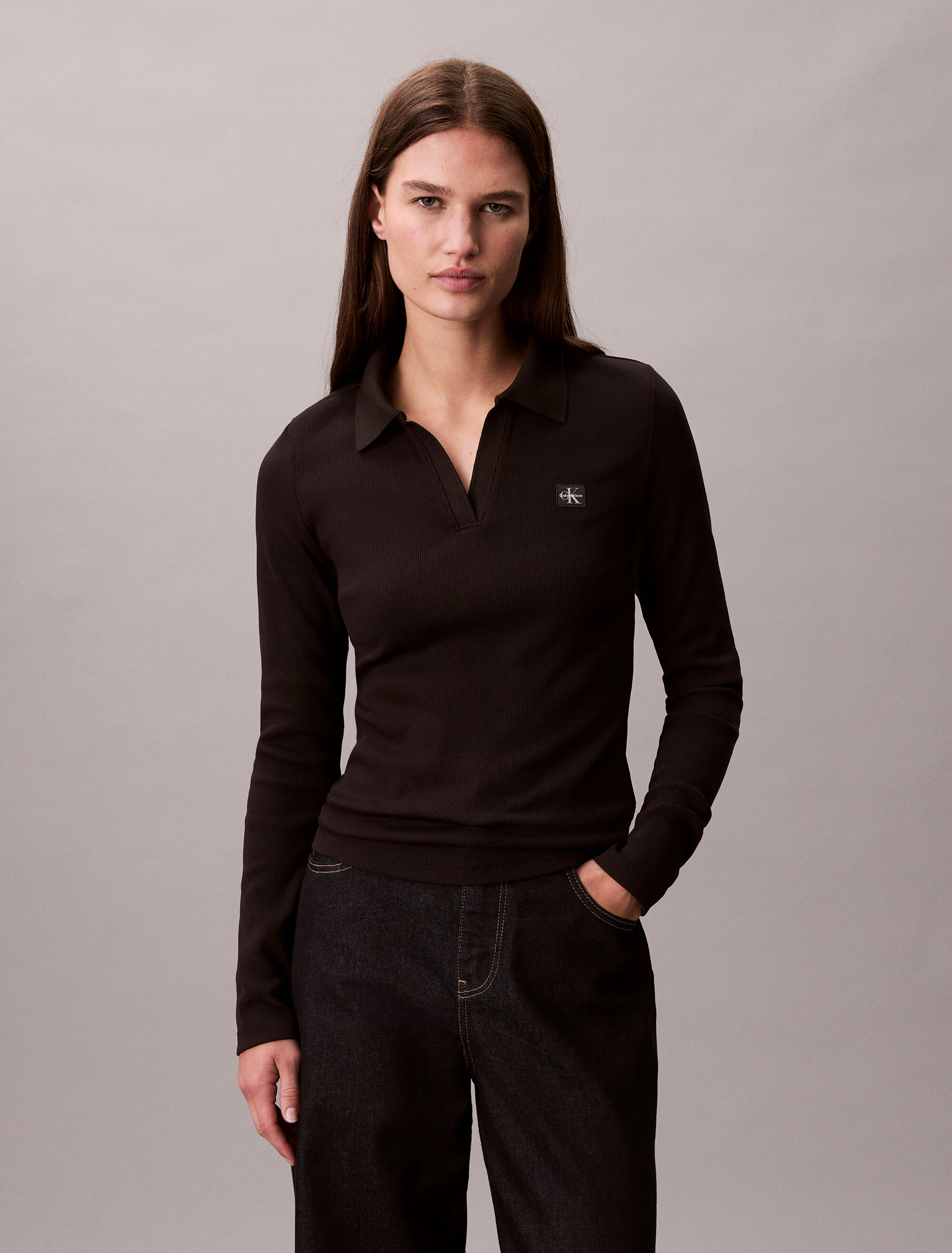 Woven Monologo Rib Collared Top | black | Calvin Klein Singapore