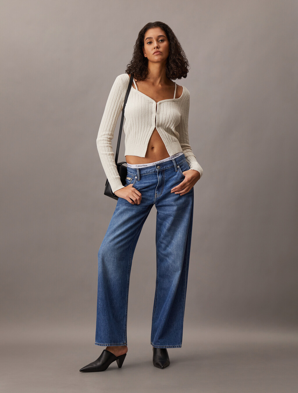 Cropped Rib Knit Cardigan, Chalk, hi-res