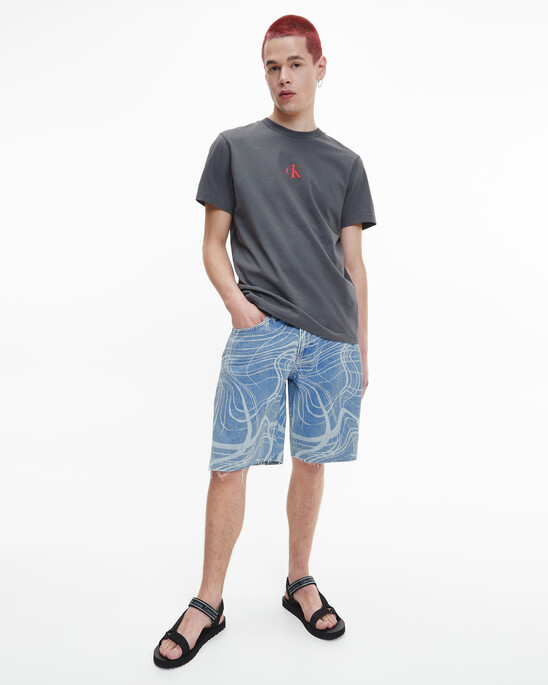 CK ONE DISRUPTED LOGO WIDE DENIM SHORTS