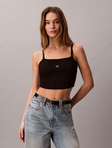 Cropped Ribbed Cotton Cami Top, Black, hi-res