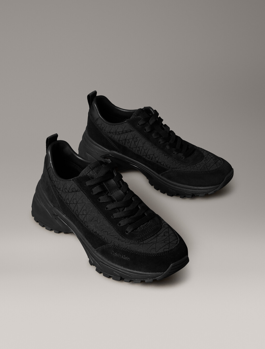 Suede and Emblem Logo Nylon Trainers, Triple Black, hi-res