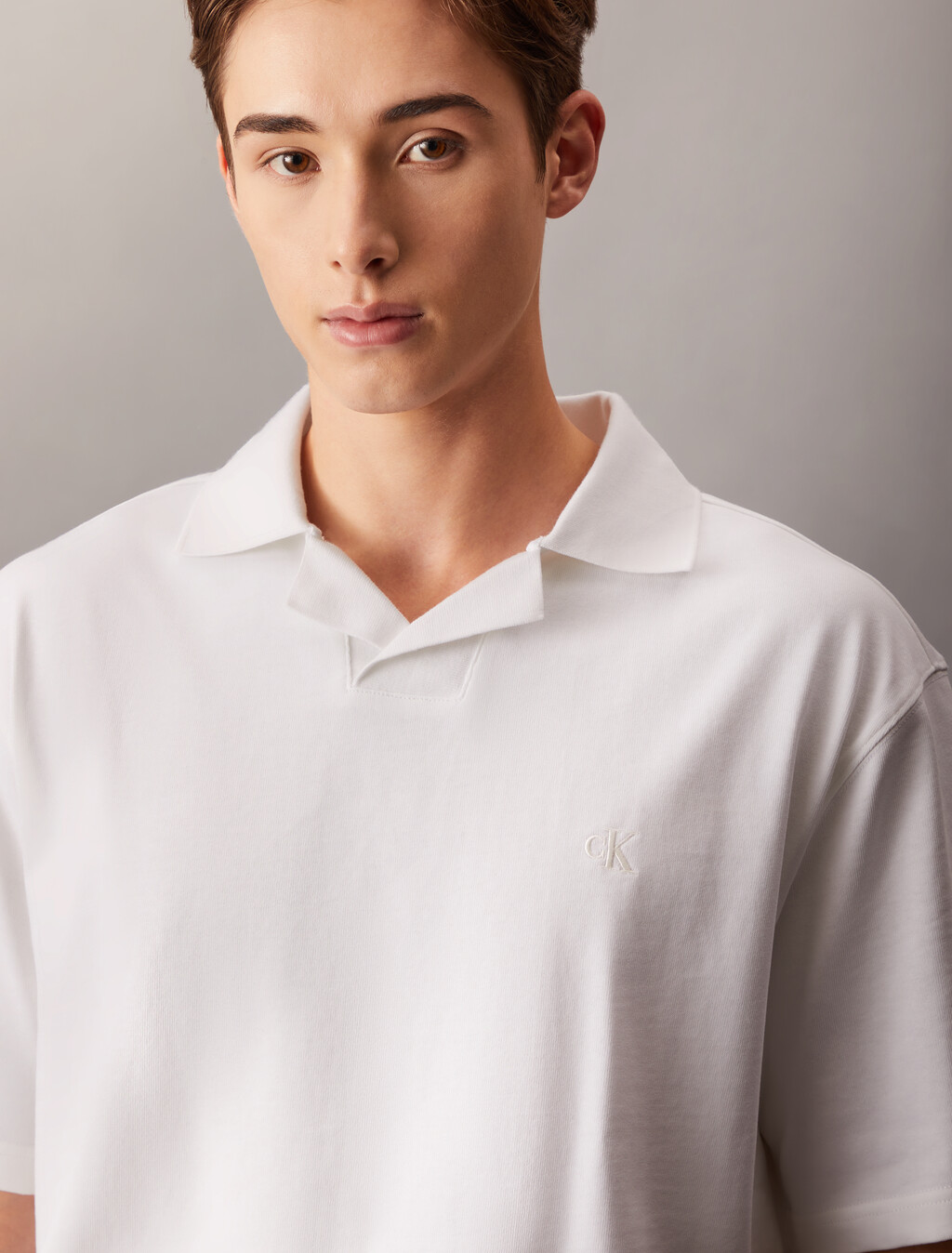 Contrast Open Collar Polo, Bright White, hi-res