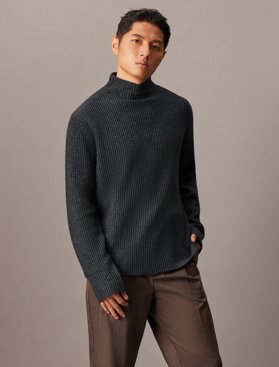 Woolen Rib Knit Mock Neck Sweater