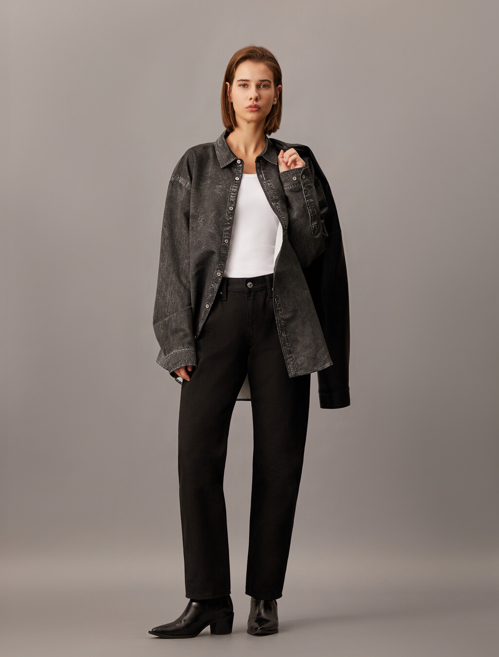 Trompe L'oeil Denim Shirt, Black Denim Print, hi-res