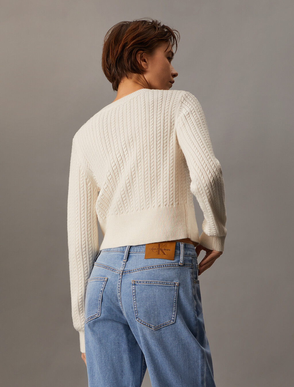 Cropped Cable Knit Cardigan, Ivory, hi-res