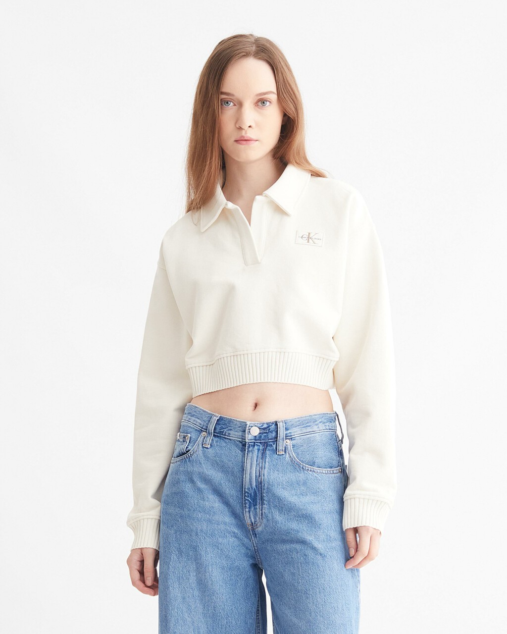 RECYCLED COTTON POLO SWEATSHIRT, IVORY, hi-res