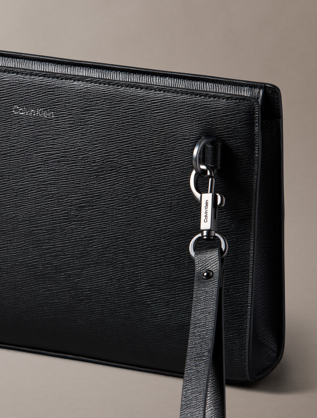 Saffiano Emblem Zip Pouch with Handle, Black, hi-res