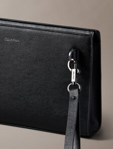 Saffiano Emblem Zip Pouch with Handle, Black, hi-res