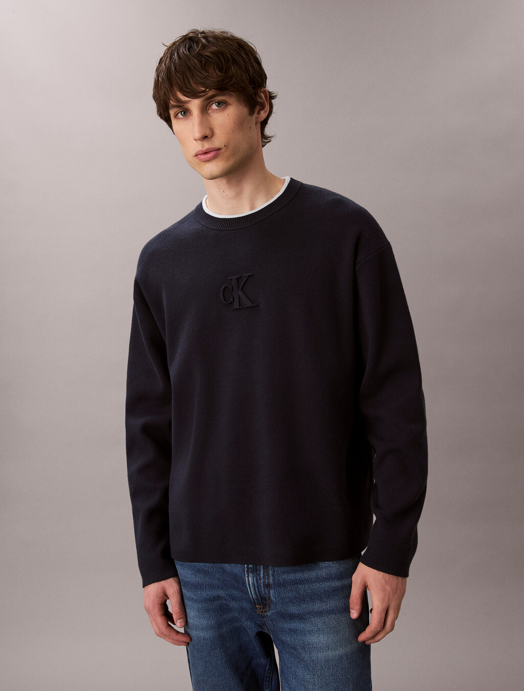 Embossed Monogram Logo Relaxed Sweater, Dark Sapphire, hi-res