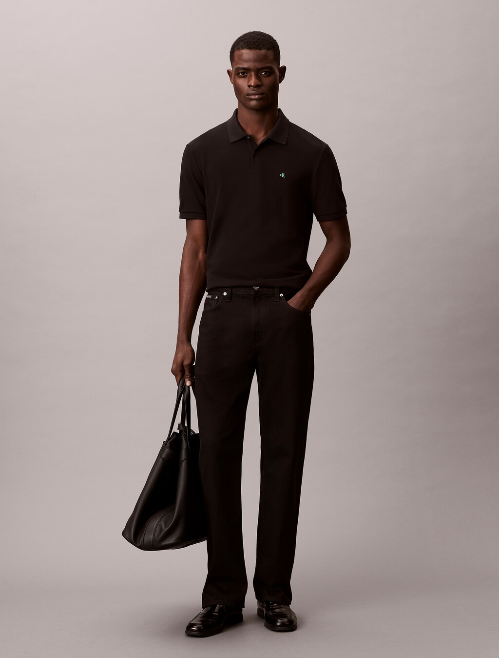 Monogram Cotton Pique Polo, Black, hi-res