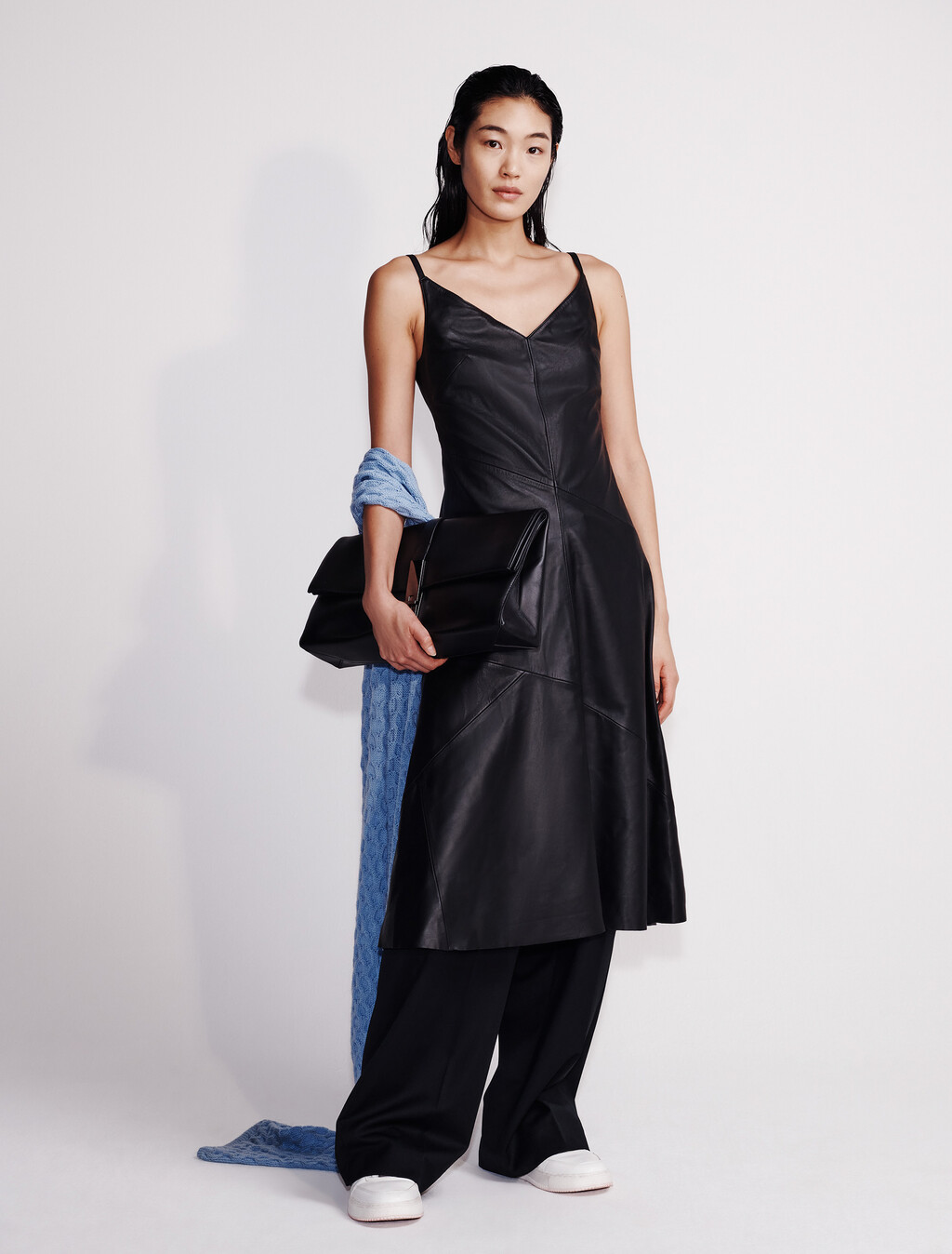 Leather Sleeveless Midi Dress, Black, hi-res