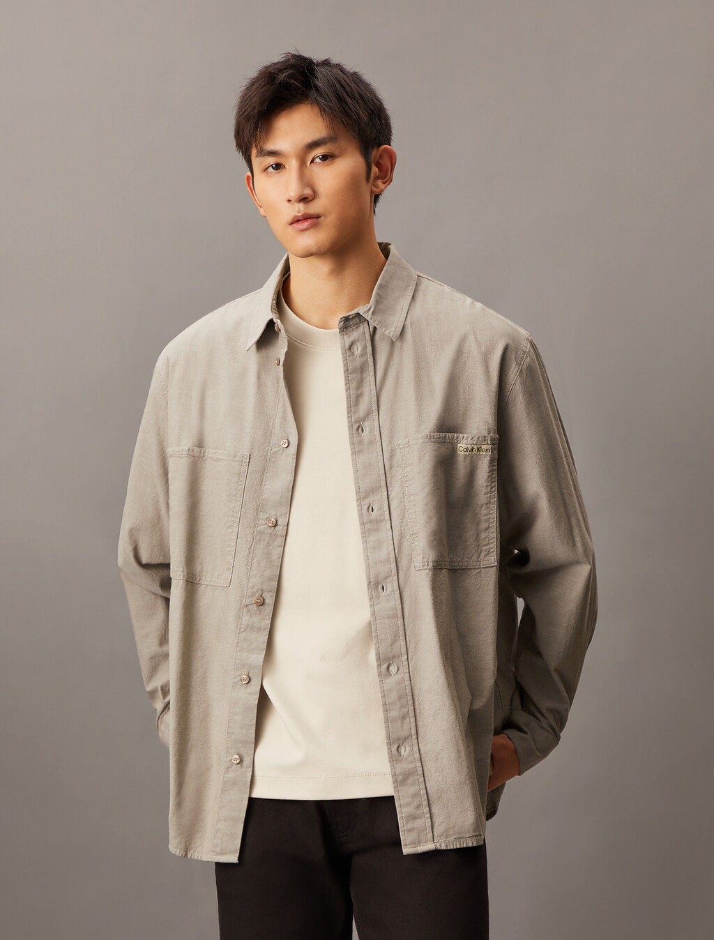 Relaxed Cotton Chambray Shirt, Taupe Gray, hi-res