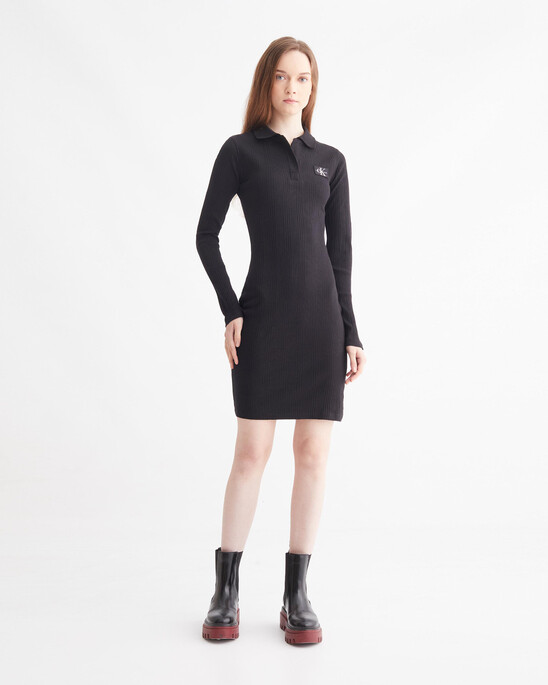 RIB-KNIT LONG SLEEVE POLO DRESS