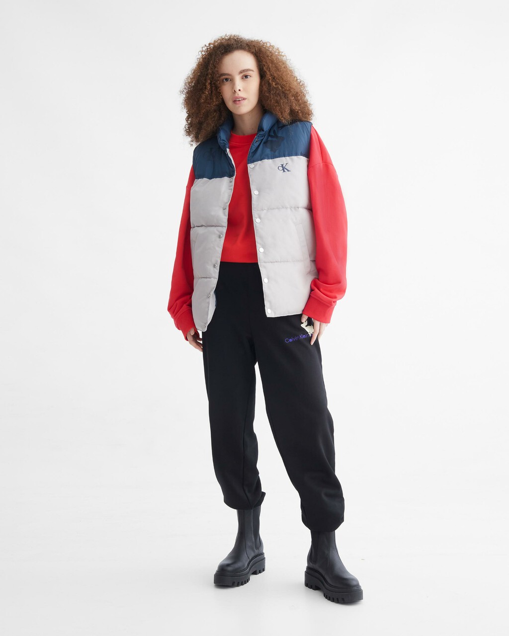 YEAR OF THE RABBIT COLOR BLOCK PUFFER VEST, ANTARCTICA, hi-res