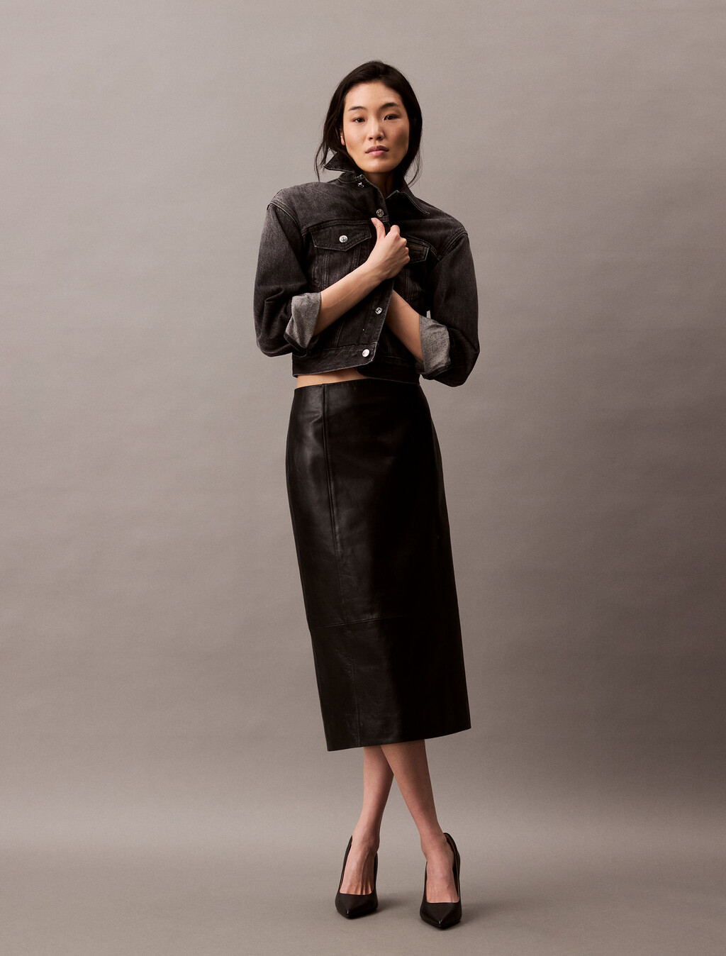 Leather Midi Skirt, Black, hi-res