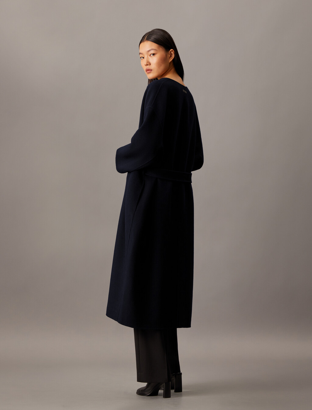 Cashmere Wool Blend Collarless Wrap Coat, Black Beauty, hi-res