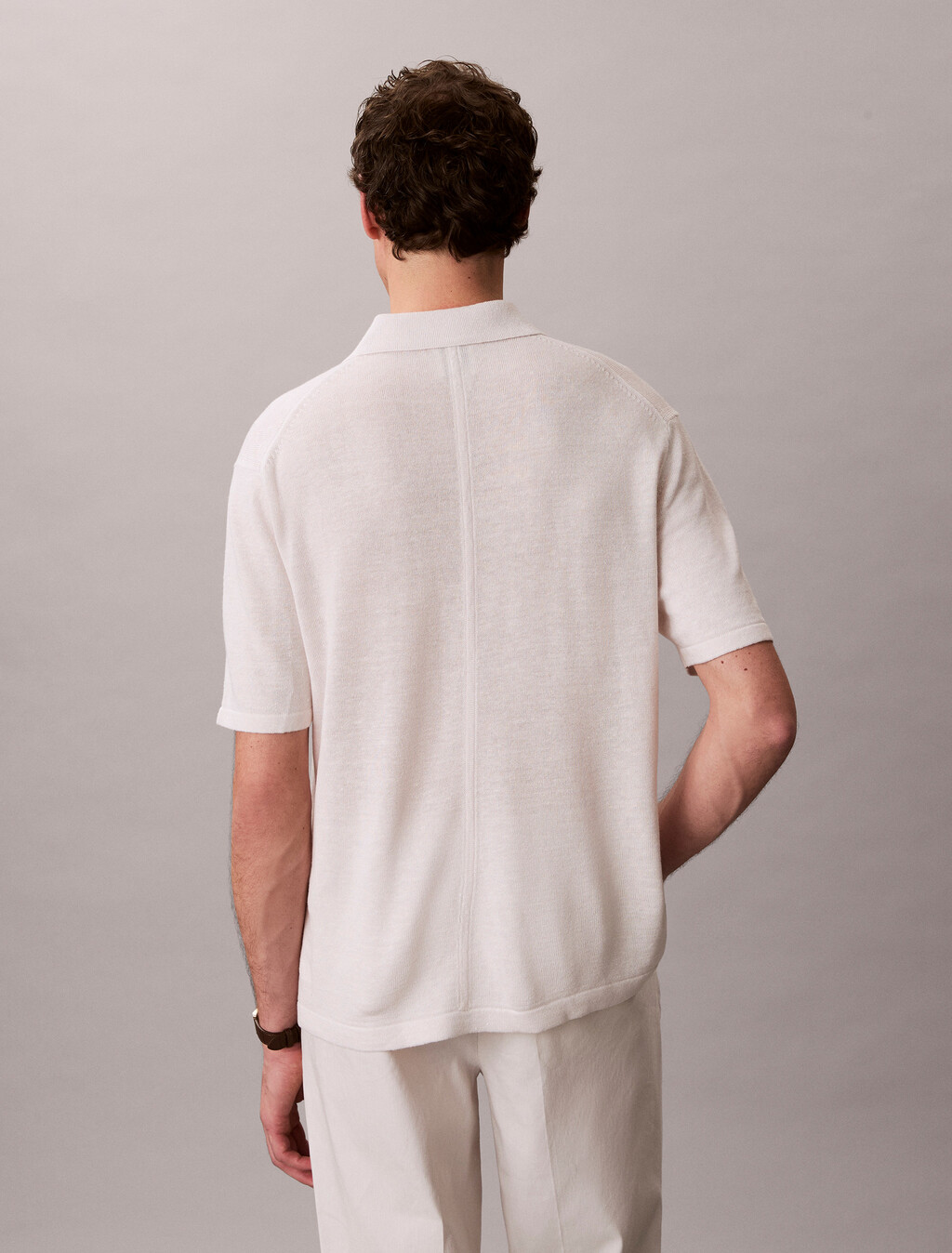Linen Blend Open Collar Polo Shirt, White Sand, hi-res