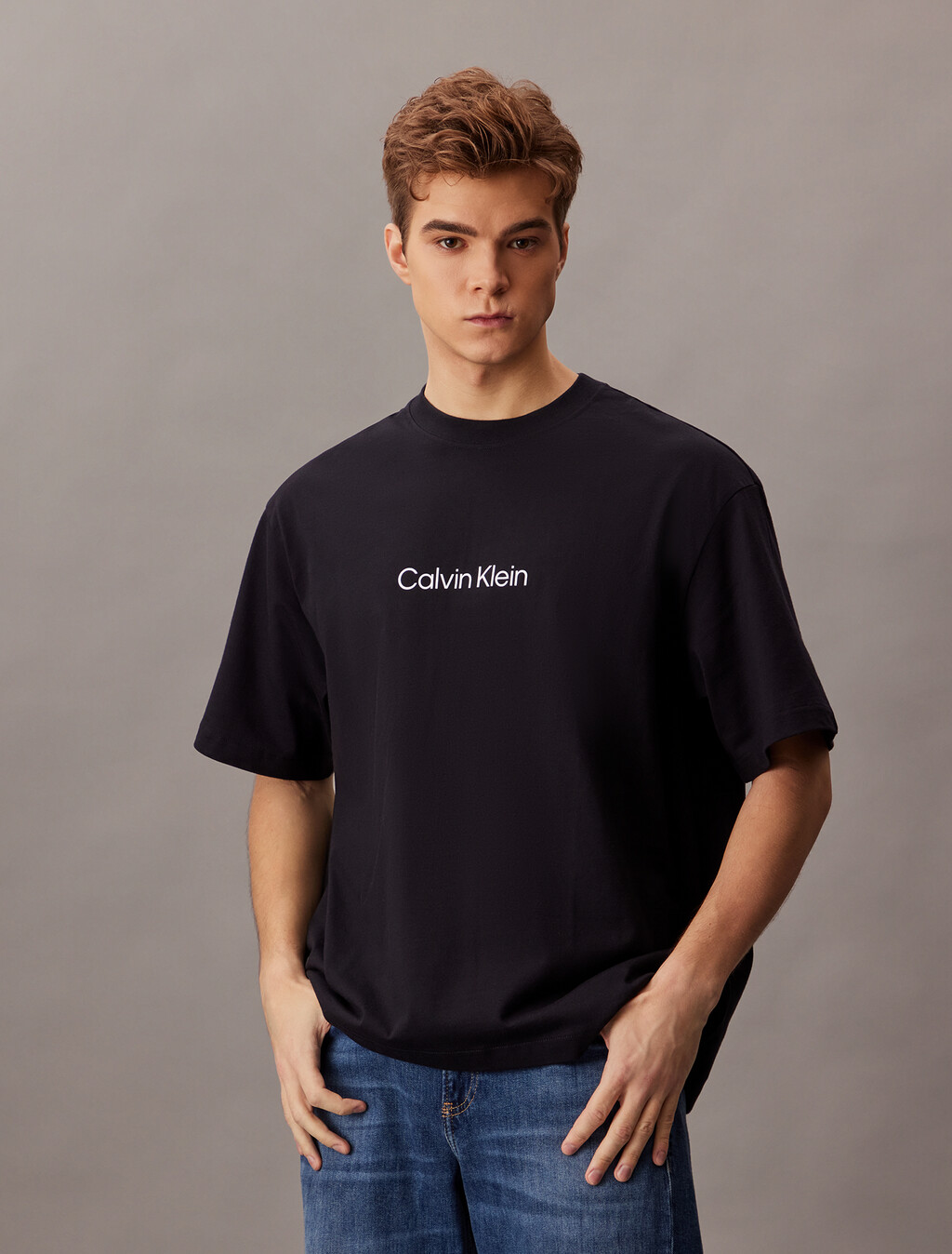 Calvin Logo Crew Neck Tee, Black Beauty, hi-res