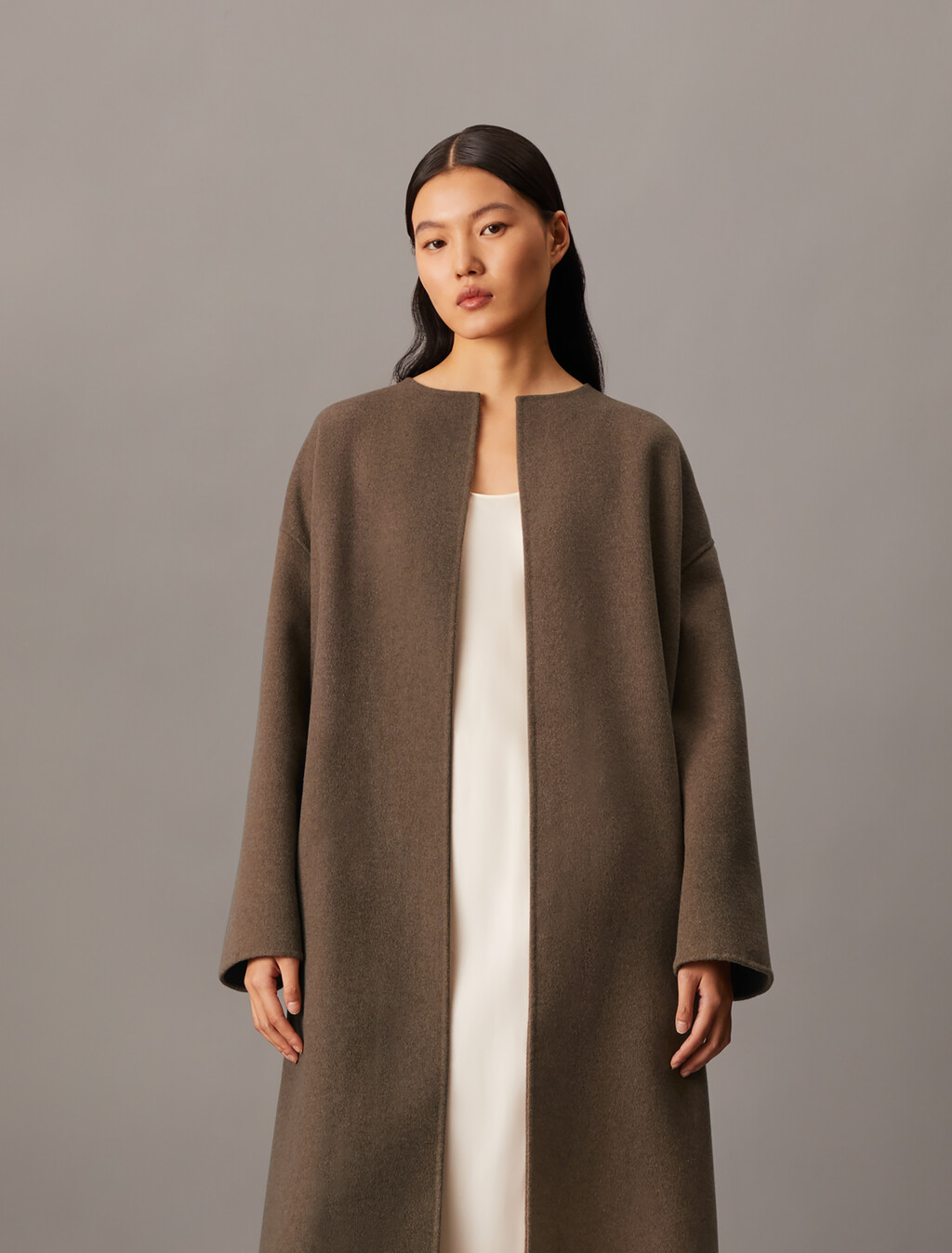 Cashmere Wool Blend Collarless Wrap Coat, Spiced Plum Melange, hi-res