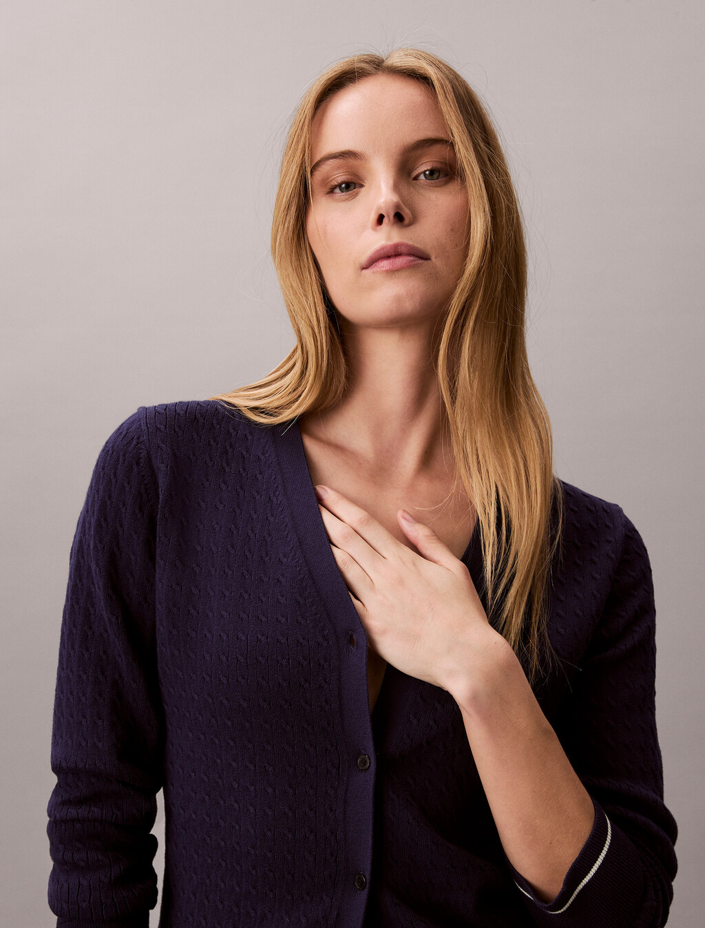 Slim Cable Knit Cardigan, Evening Blue, hi-res