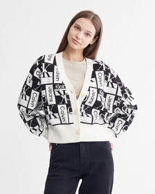 V Neck All Over Logo Cropped Cardigan, Ivory, hi-res