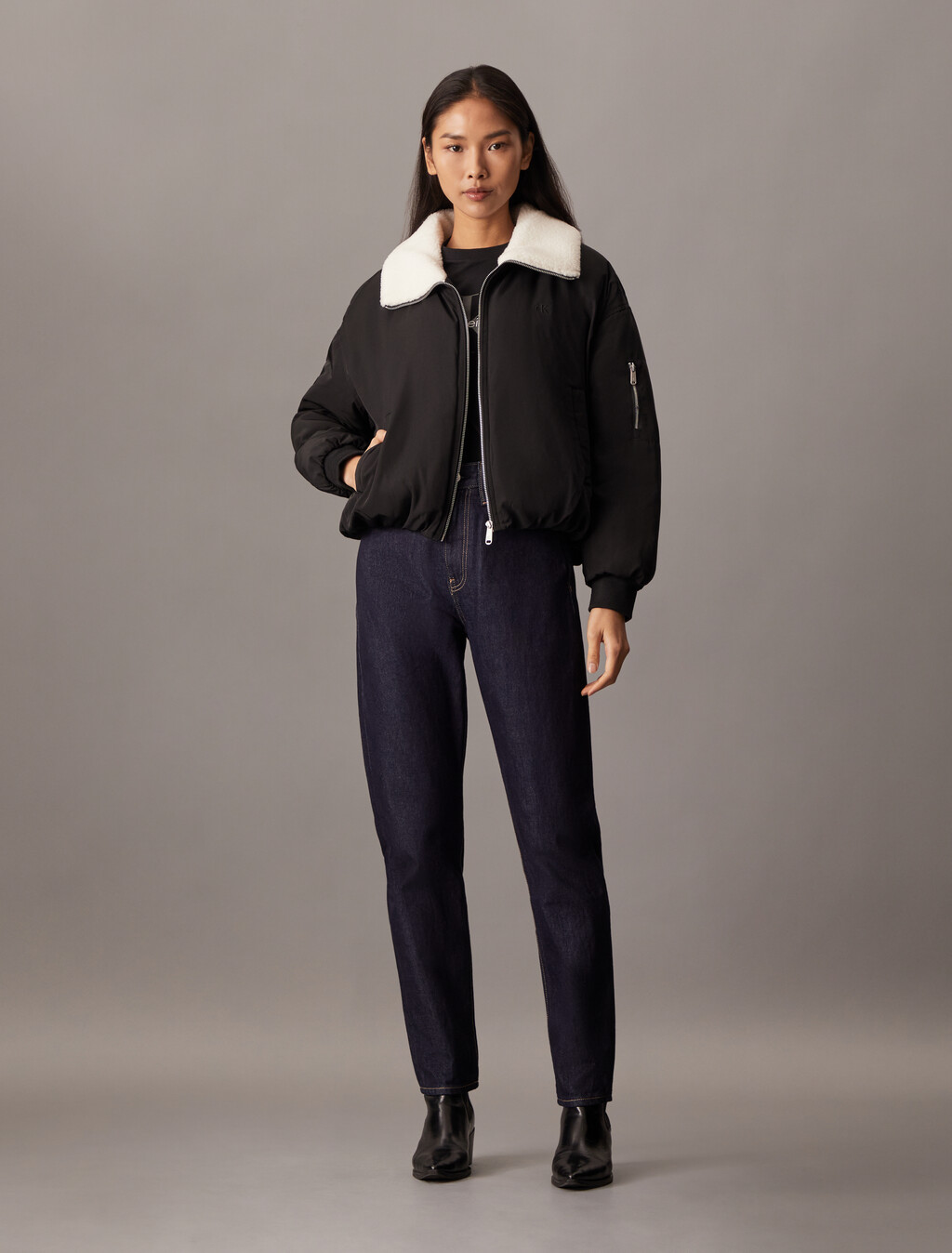 Fleece Collar Bomber Jacket, Ck Black, hi-res
