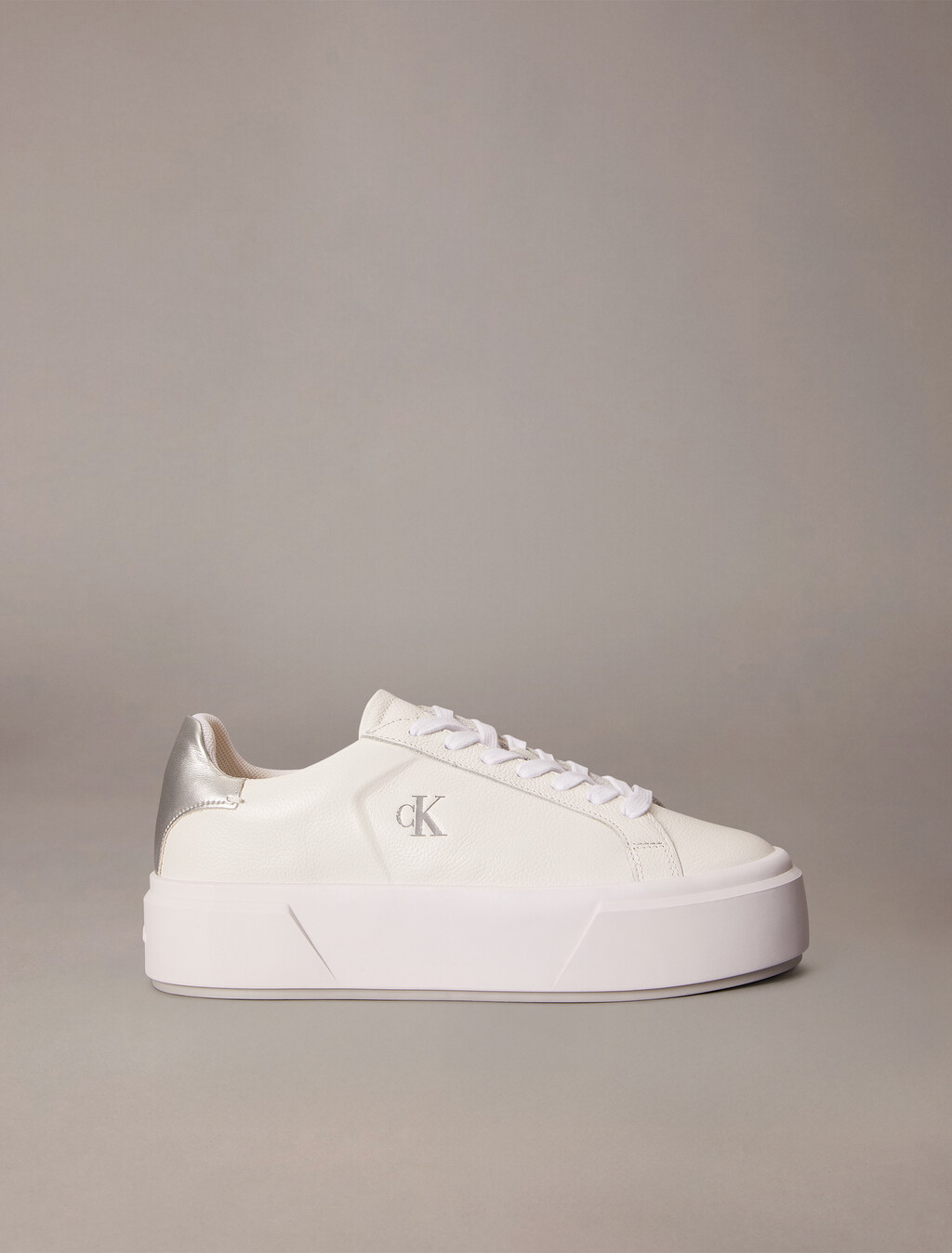Sienna - Leather Logo Platform Trainers, Bright White/Silver, hi-res