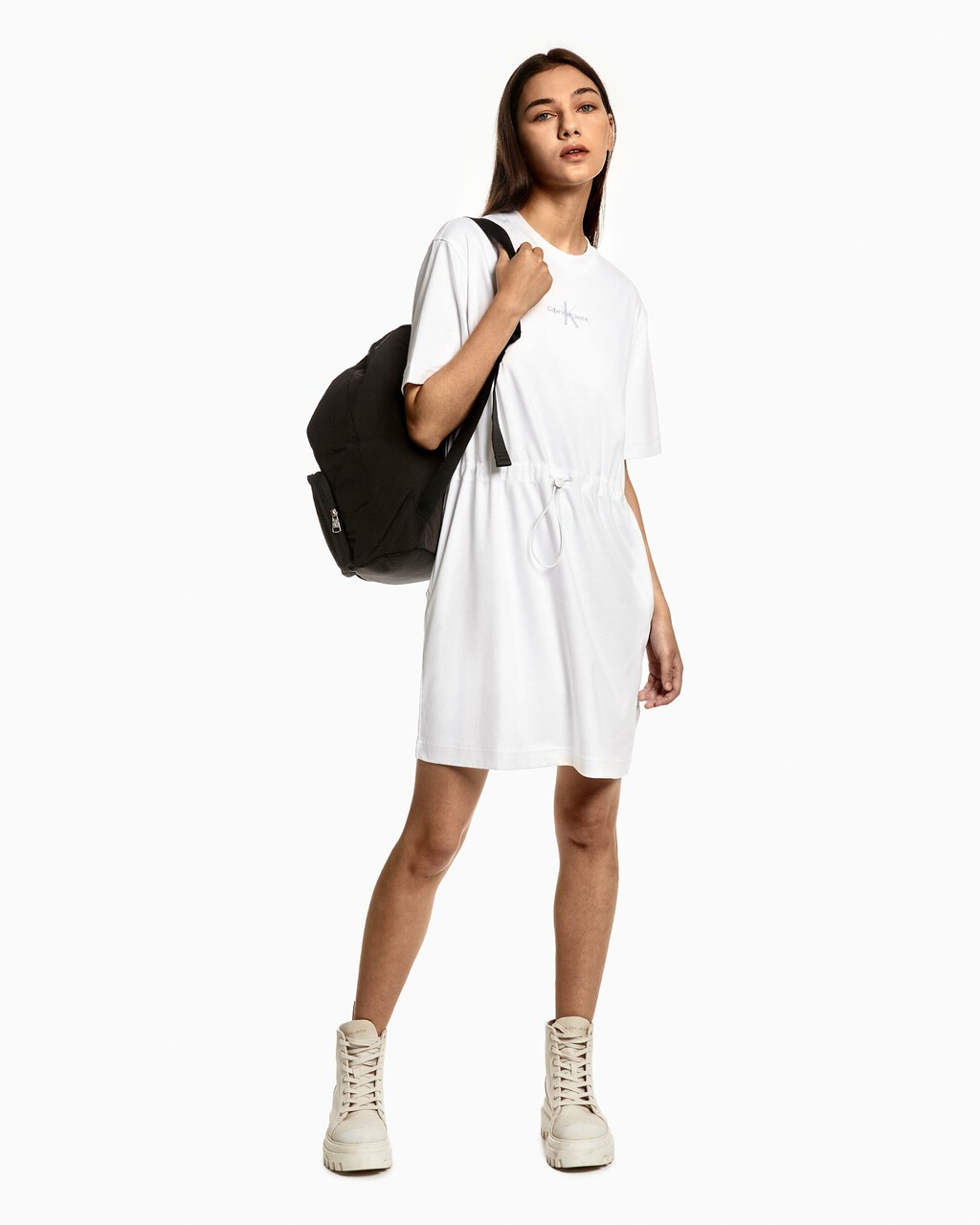 DRAWSTRING WAIST T-SHIRT DRESS, Bright White, hi-res