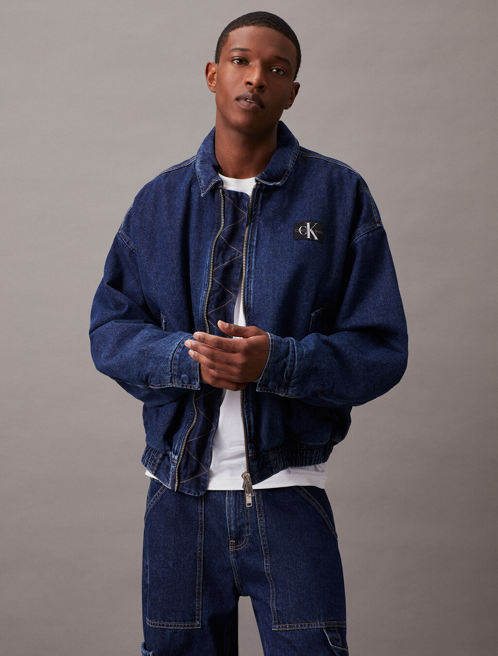 Relaxed Denim Bomber Jacket, Denim Dark, hi-res