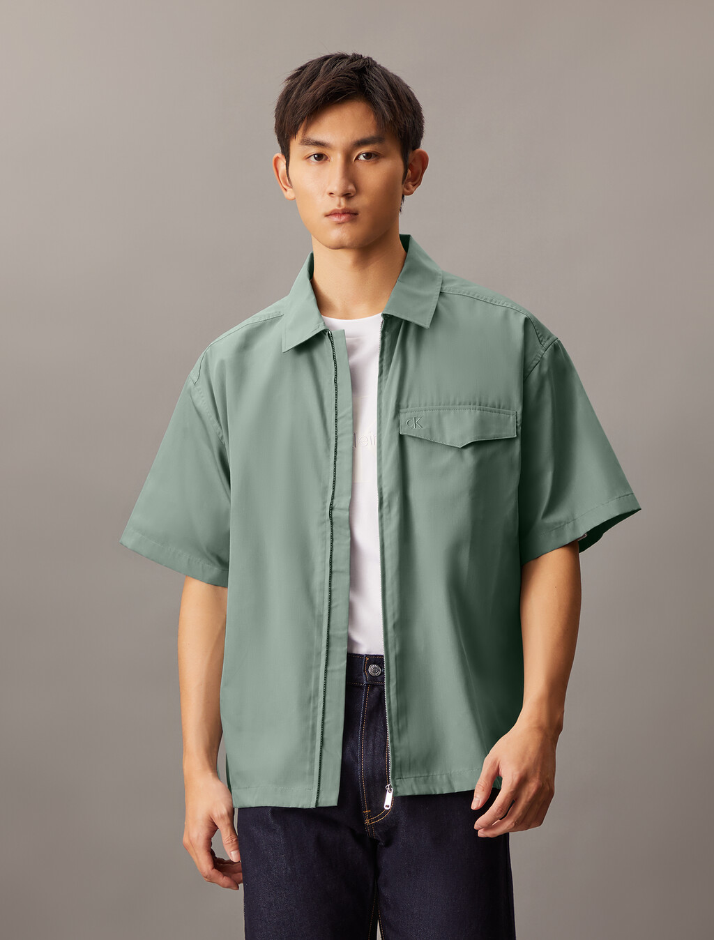 Zip Up Poplin Shirt, Lead, hi-res