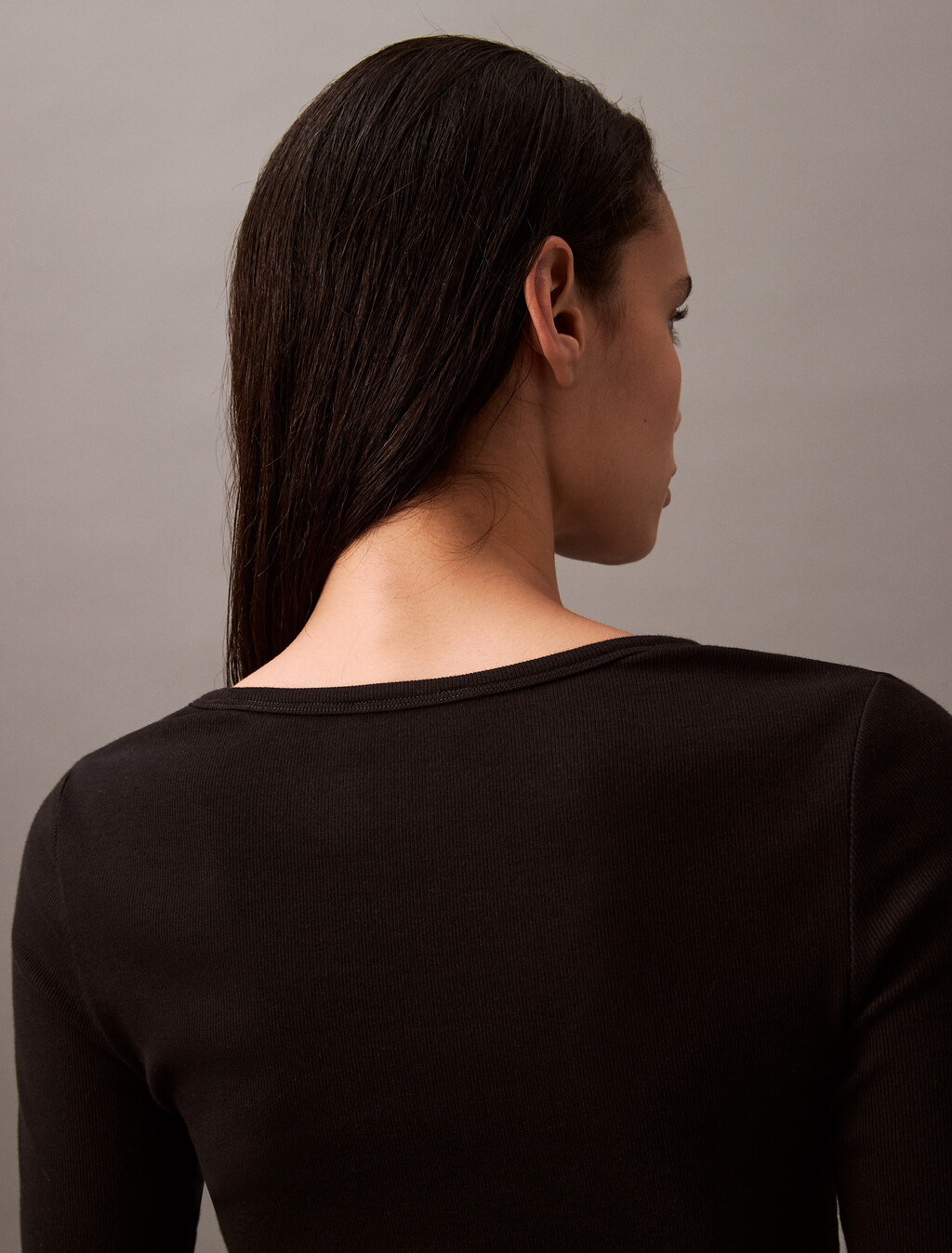 Rib Knit U Neck Long Sleeve Tee, Black, hi-res