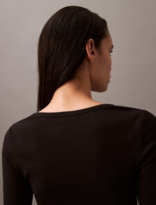 Rib Knit U Neck Long Sleeve Tee, Black, hi-res