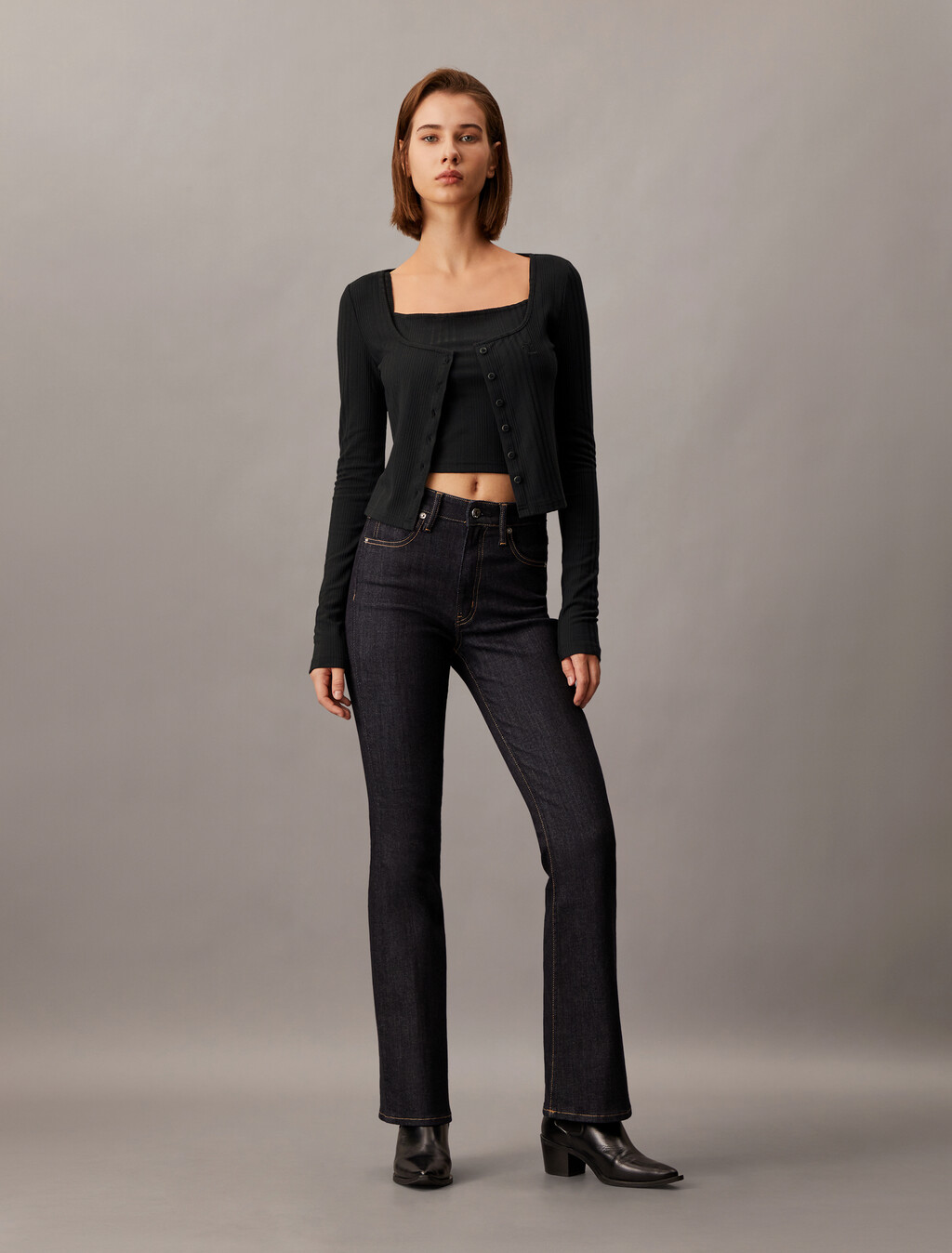 2 in 1 Rib Knit Slim Cardigan, Ck Black, hi-res