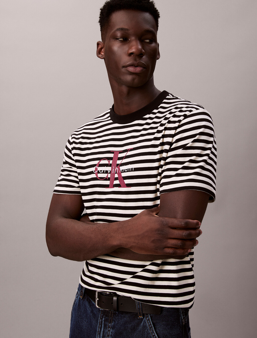 Monogram Logo Stripe Relaxed T-Shirt, Black, hi-res