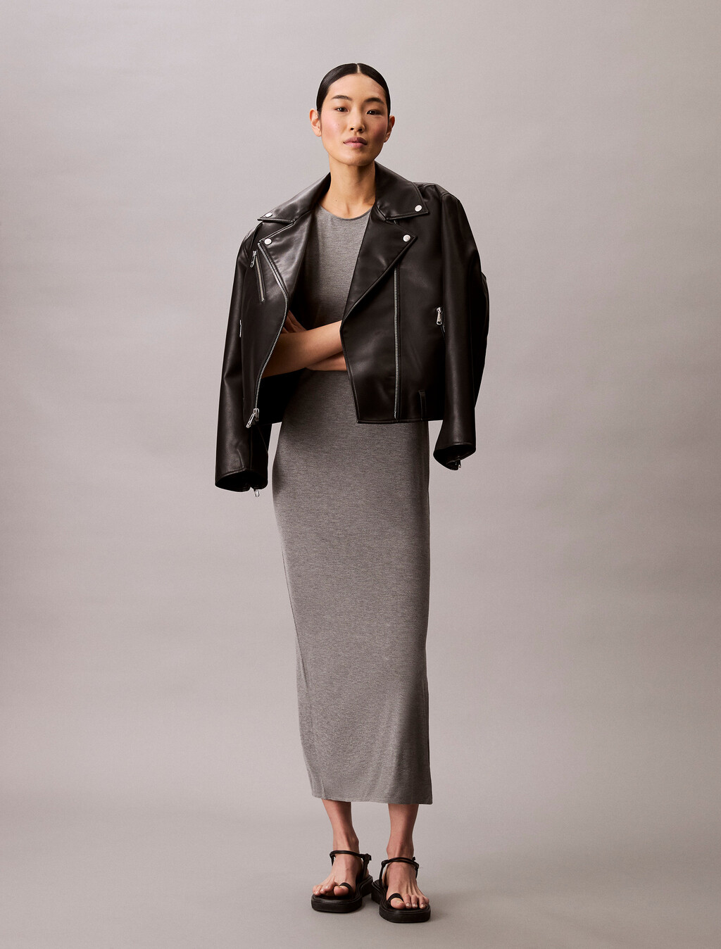 Second Skin Crewneck Midi Dress, MED GREY HEATHER, hi-res