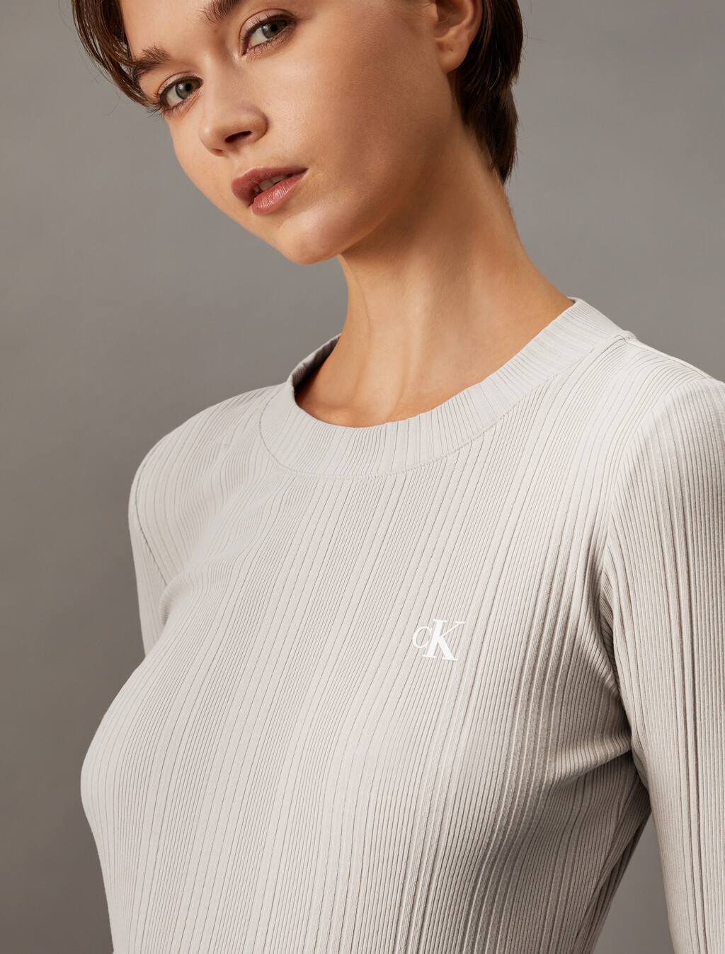 CK Logo Rib Knit Baby Fit Tee, Plaza Taupe, hi-res