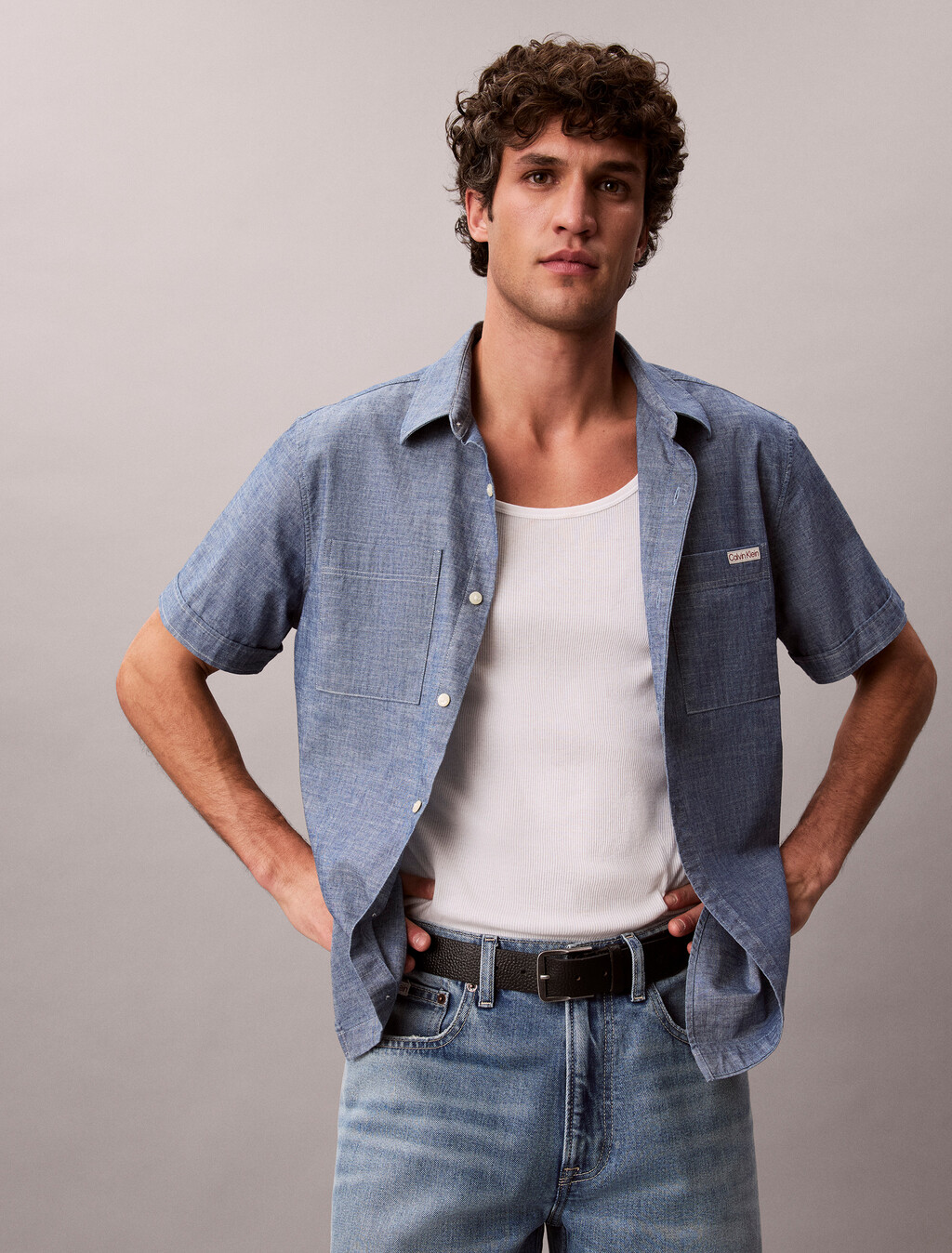 Cotton Chambray Short Sleeve Shirt, Blue Descent, hi-res