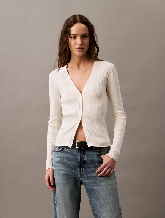 Cotton Variegated Rib Knit Cardigan
