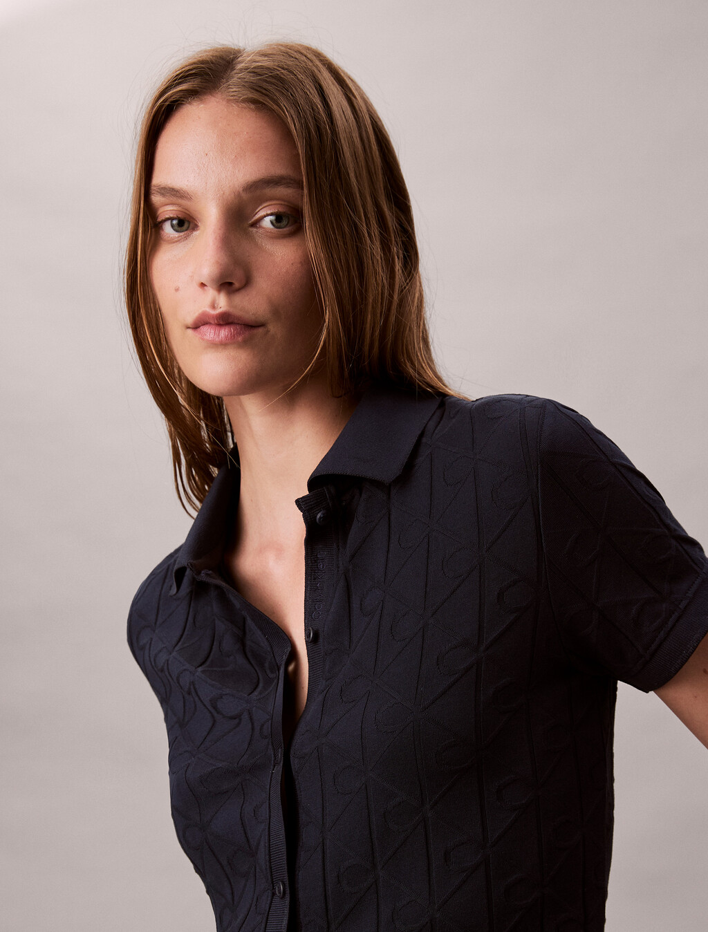 Allover Monogram Logo Jacquard Polo Top, Dark Sapphire, hi-res