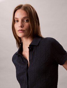 Allover Monogram Logo Jacquard Polo Top, Dark Sapphire, hi-res