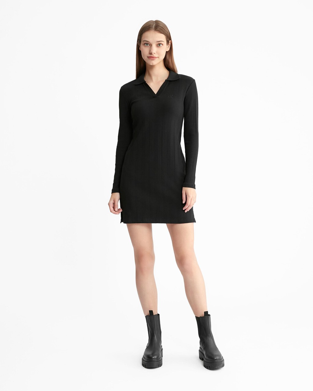 Monologo Rib Knit Slim Polo Dress | black | Calvin Klein Singapore