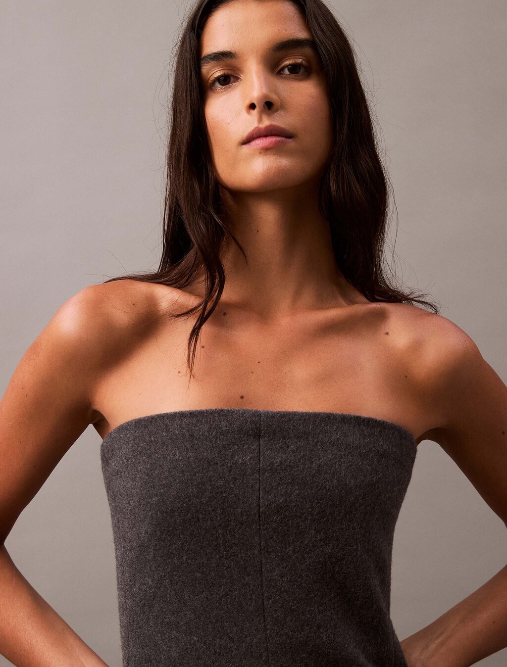 Brushed Wool Blend Strapless Dress, Charcoal Melange crbn, hi-res