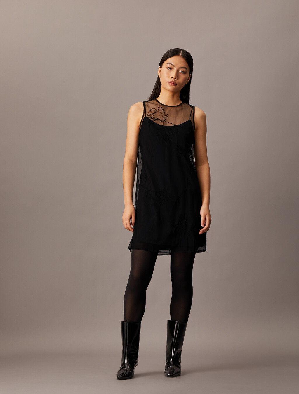 Embroidered Mini Dress, Black, hi-res